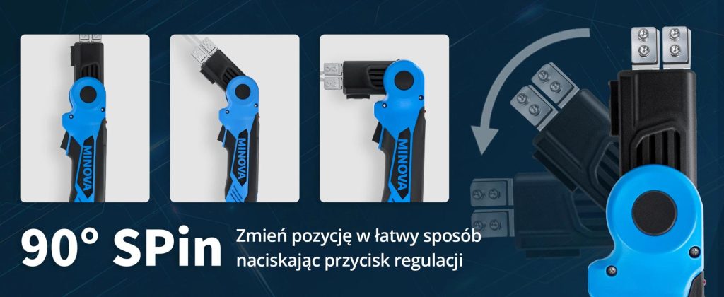 Nóż Termiczny Minova: Niebiesko-czarne narzędzie z funkcją obrotu o 90 stopni. Idealne do różnych zastosowań.