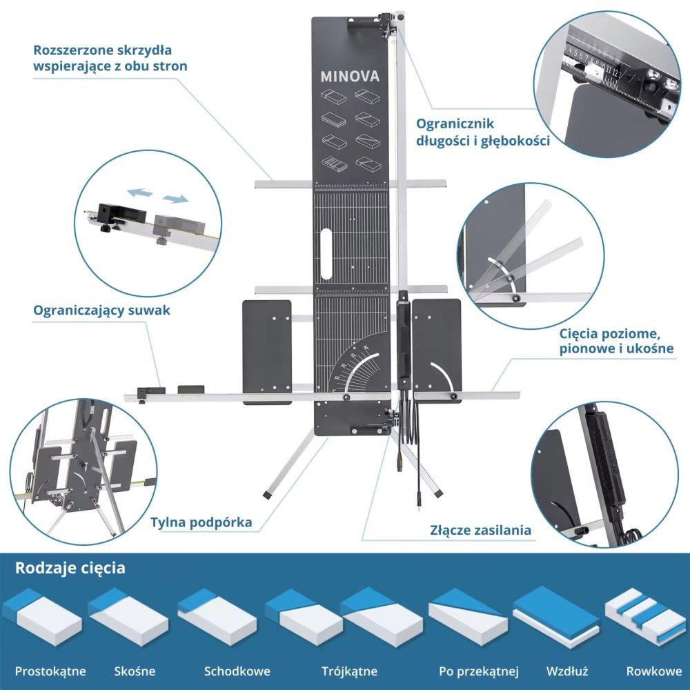 Przecinarka do glazury MINOVA z regulowanymi ogranicznikami głębokości i długości, umożliwiająca wykonywanie różnych cięć, w tym cięć prostych, pod kątem i pod kątem.