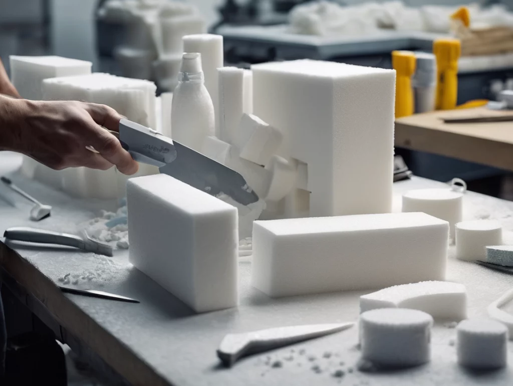 Mężczyzna tnący styropian nożem, proces rzeźbienia w styropianie.